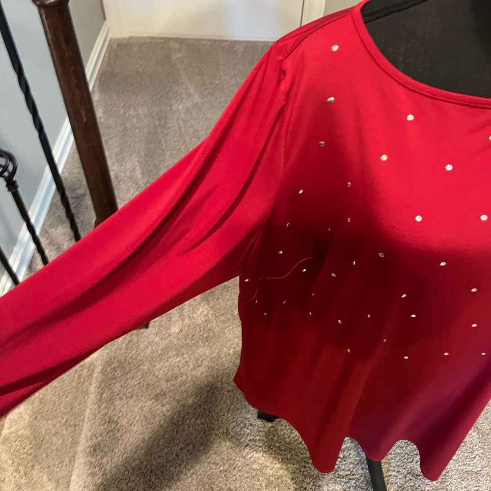 Joan Rivers Red Rhinestone Studded Top 2X Women Long Sleeve Stretch Blouse - Picture 7 of 12